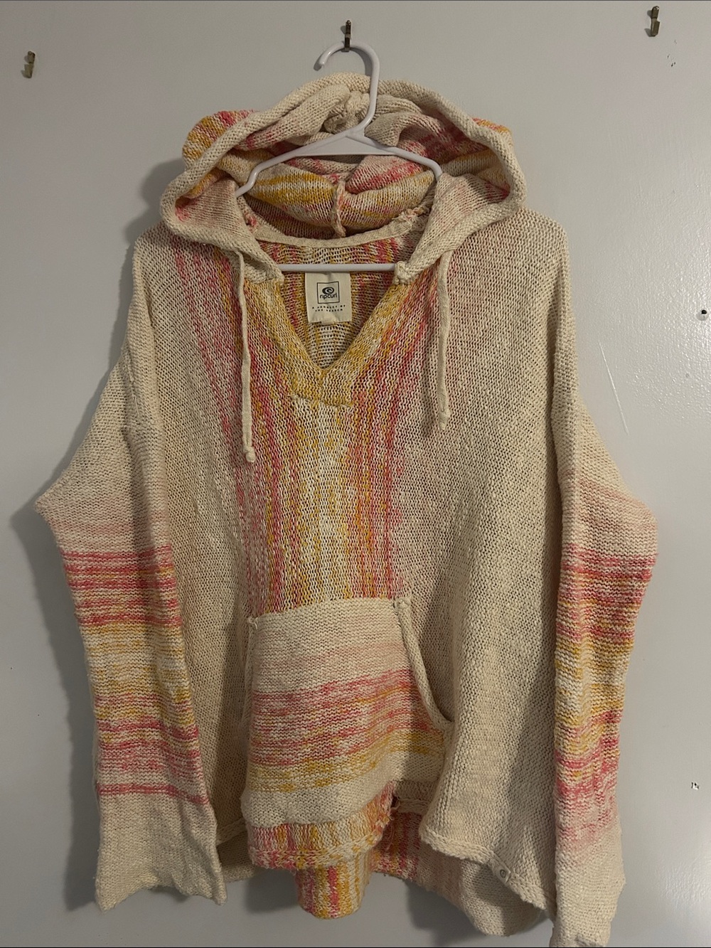 Rip Curl Cream V-Neck Hoodie with Pink & Yellow Stripes